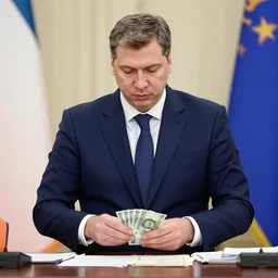 aleksandar vucic counting money while sitting on it photo realistic