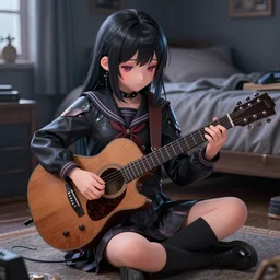 a cute school girl deep dark technoir portrait playing guitar on bedroom floor in detailed anime painting drawing style squareenix 3d unreal trending on artstation deviantart realistic hd by frank Miller sorayama giger ito junji