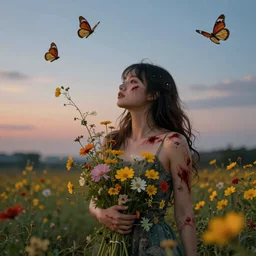 wounds on the body bloom with flowers from which butterflies fly into the sky, artstation, highly detailed, evening lights