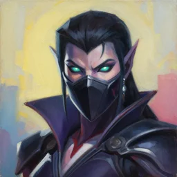 greg manchess portrait painting of jade from mortal kombat a dark elf with glowing eyes wearing a mask covering her mouth as overwatch character, medium shot, asymmetrical, profile picture, organic painting, sunny day, matte painting, bold shapes, hard edges, street art, trending on artstation, by huang guangjian and gil elvgren and sachin teng