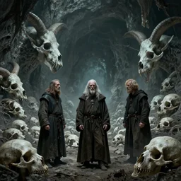 three medieval explorers in an enormous cavern wasteland of malformed mammal skulls, zdzislaw beksinski, wayne barlowe, gothic, cosmic horror, dystopian, biomorphic, lovecraftian, amazing details, cold hue's