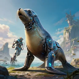 sea lion mechanical creature robot!! in the horizon forbidden west horizon zero dawn style bioluminescence, official fanart, hd art station by jesper ejsing, and rhads deviantart, and ross tran, in the style of borderlands artworks in 4 k