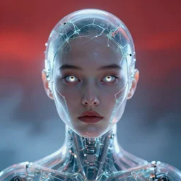 symmetry!!! closeup portrait of a transparent beautiful cyborg girl angroid, shattered glass visor, glowing iris, cinematic light, backlight glow, red sky blue, mist, by mikhail vrubel, by philippe druillet, by peter elson, by gerald brom, muted colors, extreme detail, trending on artstation, 8 k