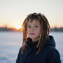 dslr photo portrait of a boy, with colored dread hair in snow, sunrise, 8 k, 8 5 mm f 1. 4