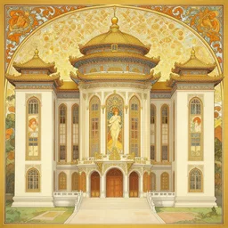 a gorgeous symmertrical chinese palace, illustration by alfons mucha and victo ngai