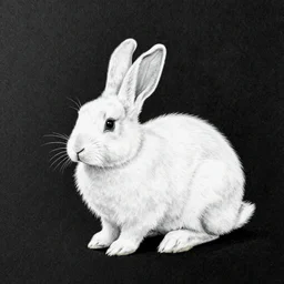A pencil drawing of a white rabbit, black background.