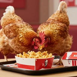 a chicken eating kfc in a kfc restaurant, photorealistic, hyper detailed, 8 k resolution