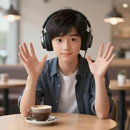 a boy with headphones sitting on a table in a cafe, digital art, digital painting, masterpiece, concept art, trending on deviantart, highly detailed, high quality, anatomically correct, five fingers, cinematic, high coherence, soft lighting, soft colors, beautiful, elegant, short black hair, 4 k, symmetrical, realistic and detailed face, cartoon, a coffee on the table