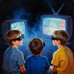 a portrait painting of kids wearing 3 d glasses watching a colorful tv. blue foggy atmosphere black background. highly science fiction painting by norman rockwell, moebius, frank frazetta, and syd mead. rich colors, high contrast. artstation