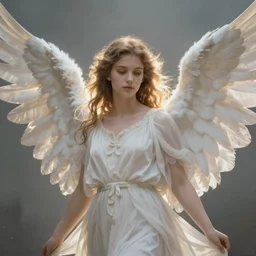a beautiful portrait of an angel with a beautiful face and her huge white wings spread out painted by gerhartz, highly detailed, beautiful, back lit, graceful and elegant, ethereal.