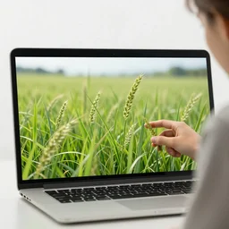 me choosing my favourite blades of grass created by an AI on a laptop screen, photo realistic, 8K