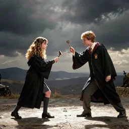 hermione granger and ron weasley having a wizard's duel, film still from harry potter