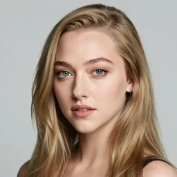 a studio portrait photograph of Amanda Seyfried taken by Annie Leibovitz, close-up, symmetrical features, canon 85mm lens f1.4, hasselblad medium format, ring light, beauty dish