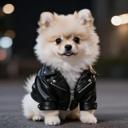 a photorealistic image of a charismatic Panda style Pomeranian puppy dressed in a stylish black leather jacket at night Trending on Artstation, featured on Behance, well-rendered, Unreal Engine, 4K HD