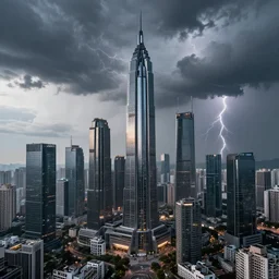 Wide shot of colossal futuristic megacity towering across the landscape, thunder storm, EOS-1D, f/16, ISO 200, 1/160s, 8K, symmetrical balance, in-frame