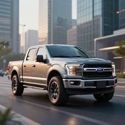 a render of a Ford F150 pickup, 2070 model,cityscape, futuristic, HD photography, cinematic lighting, movie shot,