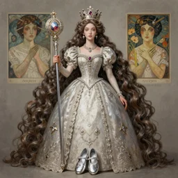 crowned queen with long hair holding a scepter wearing silver slippers, fantasy, intricate, elegant, highly detailed, 16mm, digital painting, artstation, concept art, matte, sharp focus, illustration, art by Artgerm and Greg Rutkowski and Alphonse Mucha