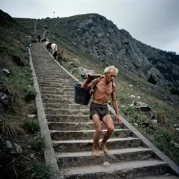 movie still by tarkovsky of an skinny old man carrying a bucket with a horse on a mountain stairs by escher, cinestill 8 0 0 t 3 5 mm eastmancolor, heavy grain, high quality, noir, natural textures, photorealistic, ambient occlusion, hd, ultra wide lens, anamorphic