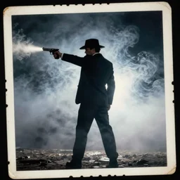 white light from right, mysterious man in black suit and black hat, he has a pistol!!, smoke, fog, mysterious, 4 k, highly detailed, digital art, strong shadows, high contrast, epic scene, atmospheric, blue colours, old photograph