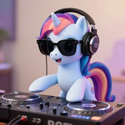 a terminator my little pony with heaphones and sunglasses DJing with DJ turntables, photoreal