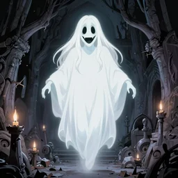 artgerm, joshua middleton comic cover art, pretty ghost sarah michelle gellar entire full body, floating, creepy smile, white dress, friendly, translucent skin, symmetrical eyes, symmetrical face, middle shot, long white hair, inside haunted house