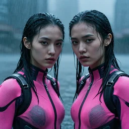 cinestill 5 0 d candid photographic portrait by robert capas of two beautiful cyberpunks wearing rugged neon pink mesh techwear in treacherous waters, extreme closeup, modern cyberpunk moody depressing cinematic, pouring rain, 8 k, hd, high resolution, 3 5 mm, f / 3 2, ultra realistic faces, ex machina