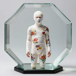 an ultra detailed photograph of a solitary man bandaids from head to toe. he is painted and pasted in floral patterns. bright lighting and perfect focus in a glass octahedron.