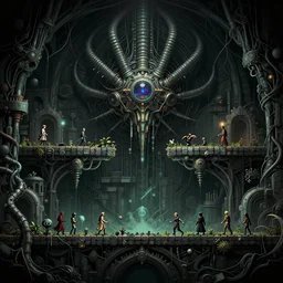 intricate artwork masterpiece biomechanical gothic underground hive mind domain, side - scrolling 2 d platformer level by nicolas delort, zdizslaw beksinski, victo ngai, josan gonzalez, kilian eng, ominous, dramatic horror cinematic lighting, volumetric 8 k
