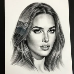 hyper realistic tattoo sketch of megan fox face double exposure effect with a mountain scenery, in the style of matteo pasqualin, amazing detail, sharp