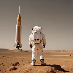 Detailed photo of an astronaut seen from behind, he is standing on top of mount Venus on Mars, he is watching the Starship Super Heavy landing at the background