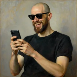 jan van eyck style oil painting of slim tall bald man with sunglasses and a beard wearing a t - shirt. he is holding his phone and laughing at it in front of him