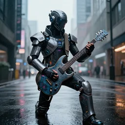 Buckethead using a guitar from the future, cyberpunk, photograph, hyperdetailed, 8k, natural lighting, on a rainy day, reflections, raytracing,