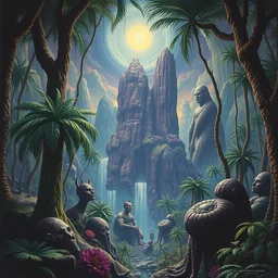 jungle by beeple, artgerm, salvador dali, bruce pennington, frank, stella, makoto shinkai, angus mckie, alex grey, don bluth, gediminas pranckevicius, chris moore, kaja foglio, andre masson, dr. suess, brian despain, chesley bonestell. symbolism, surrealism,