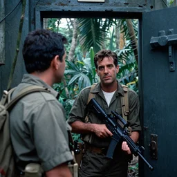 film still, extreme far view, ( ( ( ( ( ( george costanza ) ) ) ) ) ), jungle, vietnam door gunner, apocalypse now, associated press, 2 6 mm, kodak ektachrome, blue tint expired film