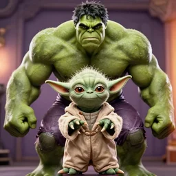 a mix between Hulk and yoda, center frame medium shot, shot on technicolor cinemascope 35mm anamorphic lense, flare