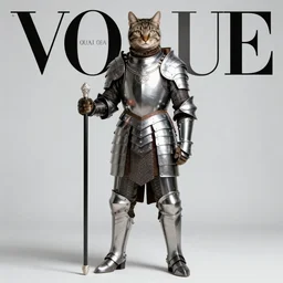 quarter length vogue fashion photo portrait of a dark tabby tabaxi paladin, halberd, plate armor, d & d