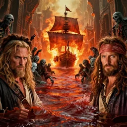 film still of Moses parting the Red Sea, BUT it’s full of pirate ghost zombies AND a singular phantom flaming pirate ship | IN THE STYLE OF modern comic books, pirates of the Caribbean, Jack Kirby, Stan Lee, Jonathan Hickman, Dungeons and Dragons, Magic the Gathering | RENDERED WITH perfect facial symmetry, clear faces, cinematic, golden ratio, rule of thirds, stunning architecture, rich, vibrant colors, epic, cinematic, 4k octane render, cinematic lighting, lens flares, realistic