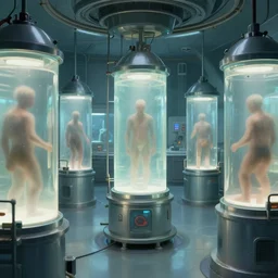 rococo science fiction burial chamber hospital filled with cloning vats with indistinct human figures inside, by greg rutkowski, alphonsemucha, anato finnstark, and rembrandt