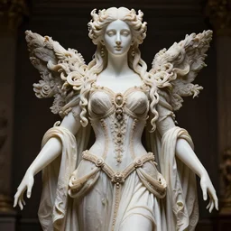 renaissance style a wonderful female goddess with a wonderful face and realistic arms and hands and realistic 5 fingers and realistic body with long intricate hair with a beautiful porcelain symmetrical body dressed with a majestic warp ornate cream long cotton dress, hightly ornate, intricate, detailed, dramatic light, cinematic, award winning, octane render, tom bagshaw style