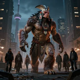 epic indigenous monster creature wandering around toronto city, night. designed by eytan zana and balazs agoston, jad saber, aaron limonick, pablo dominguez and florent lebrun and robby johnson, unreal engine 5, denis villeneuve