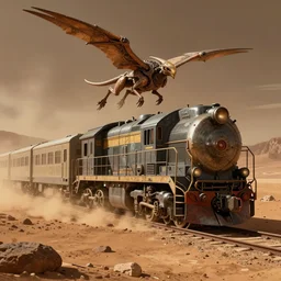 an intricate, detailed matte painting of an alien train on mars with a winged creature flying over it, dusty, dramatic lighting, 4k, trending on artstation