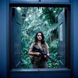 film still, extreme far view, lana del rey, jungle, vietnam door gunner, apocalypse now, associated press,, 2 6 mm, kodak ektachrome, blue tint expired film