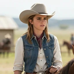 medium shot of emma watson as a cowboy in a western movie directed by sergio leone, sunset, promotional image, detailed face, movie still frame, frame 8 0 1 of 1 5 8 4 0 0, techniscope 3 5 mm film