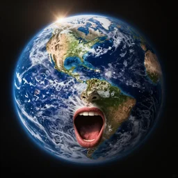 planet earth with a face on it and an open mouth, detailed