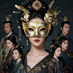 a full body portrait of a female wearing a mask, elegant, fancy dess, ornaments, highly detailed, full - color, beautiful, cinematic lighting, mesmerizing, 8 k hd, artstation, by hideyuki morioka, akio watanabe, ito ogure, vofan, greg rutkowski, victo ngai, artgerm