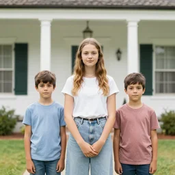 one girl and three boys stand together. they are siblings. a white housewall is in the beackground