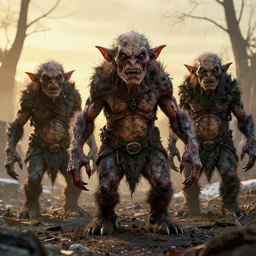 photo of real life goblins, creepy!!!, scaly!!!, gritty!!!, menacing!!!, evil, ultra realistic, gritty, winter, golden hour, volumetric lighting, sharp focus