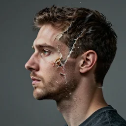 a profile portrait of a man, face being ripped in two, particulates, motion blur, digital art, highly detailed, by alyssa monks and charlie bowater