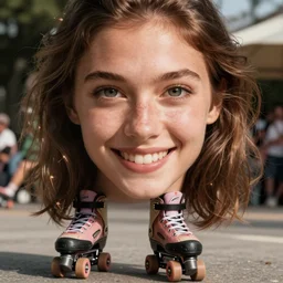 lovely detailed face of a bikini model rollerblading on the street and having fun, sharp wide open eyes, smile, portrait, face close - up
