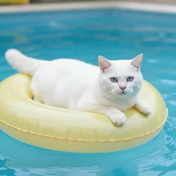white cat on a float in the pool